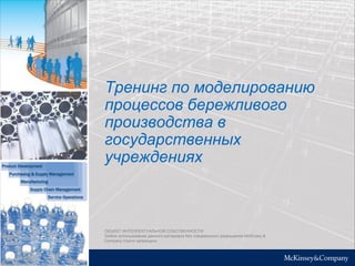 Тренинг по моделированию
процессов бережливого
производства в
государственных
учреждениях
ОБЪЕКТ ИНТЕЛЛЕКТУАЛЬНОЙ СОБСТВЕННОСТИ
Любое использование данного материала без специального разрешения McKinsey &
Company строго запрещено
 