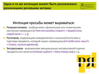 Одна и та же интенция может быть реализована
различными речевыми актами:
Интенция просьбы может выражаться:
Репрезентативом - сообщением о физическом или психическом
состоянии говорящего («Что-то холодно стало!» = Закрой окно,
согрей меня и т.д.);
Рогативом, содержащим осведомление о наличии/отсутствии у
партнера предмета, который нужен говорящему («У тебя есть часы?»
= Скажи, сколько времени);
Экспрессивом - выражением эмоционально-экспрессивной оценки
предмета или явления («Какая шубка!» = Хочу такую же) и т.д.
 