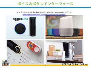 ボイス＆ボタンインターフェース
55
アマゾンのボタンで買い物してみた！Amazon Dash Buttom レビュー
http://akane.website/2015/09/27/amazon-dash-buttom/
#プロダクトハンター
 