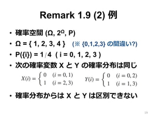 Remark 1.9 (2) 
19
0 1
2 3
0
1
0 1
X
 1
1
Y
PX(0) = 1/2
PX(1) = 1/2
PY(0) = 1/2
PY(1) = 1/2
 