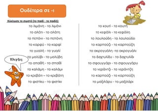 Κύκλωσε το σωστό (το παιδί - το παιδή):
το λιμάνη - το λιμάνι το κουτί - το κουτή
το αλάτι - το αλάτη το κεφάλι - το κεφάλη
το πεπόνι - το πεπόνη το λουλούδη - το λουλούδει
το καρφύ - το καρφί το καρπούζι - το καρπούζη
το γυαλή - το γυαλί το ακρογυάλη -το ακρογυάλι
το μολύβι - το μολύβη το δαχτυλίδυ - το δαχτυλίδι
το απαθή - το σπαθί το σφουγγάρι - το σφουγγάρυ
το καλάμη - το καλάμι το νεράντζι - το νεράντζη
το κρεβάτι – το κρεβάτη το καρπούζι - το καρπούζη
το φιστίκυ - το φιστίκι το μαξιλάρυ - το μαξιλάρι
Ουδέτερα σε -ι
Έλεγξες;
 