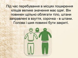 Під час перебування в місцях поширення
кліщів велике значення має одяг. Він
повинен щільно облягати тіло, штани
заправлені в взуття, сорочка - в штани.
Голова і шия повинні бути закриті.
 