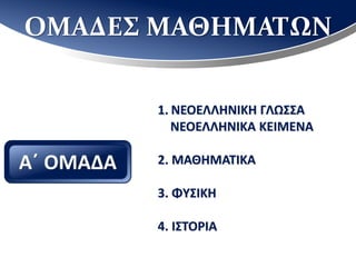 ΟΜΑΔΕΣ ΜΑΘΗΜΑΤΩΝ
1. ΝΕΟΕΛΛΗΝΙΚΗ ΓΛΩΣΣΑ
ΝΕΟΕΛΛΗΝΙΚΑ ΚΕΙΜΕΝΑ
2. ΜΑΘΗΜΑΤΙΚΑ
3. ΦΥΣΙΚΗ
4. ΙΣΤΟΡΙΑ
 