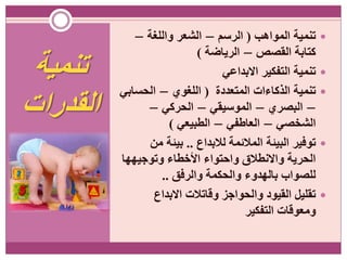 ‫تنمية‬
‫القدرات‬
‫المواهب‬ ‫تنمية‬(‫الرسم‬–‫واللغة‬ ‫الشعر‬–
‫القصص‬ ‫كتابة‬–‫الرياضة‬)
‫االبداعي‬ ‫التفكير‬ ‫تنمية‬
‫المتعددة‬ ‫الذكاءات‬ ‫تنمية‬(‫اللغوي‬–‫الحسابي‬
–‫البصري‬–‫الموسيقي‬–‫الحركي‬–
‫الشخصي‬–‫العاطفي‬–‫الطبيعي‬)
‫لالبداع‬ ‫المالئمة‬ ‫البيئة‬ ‫توفير‬..‫من‬ ‫بيئة‬
‫وتوجيهها‬ ‫األخطاء‬ ‫واحتواء‬ ‫واالنطالق‬ ‫الحرية‬
‫والرفق‬ ‫والحكمة‬ ‫بالهدوء‬ ‫للصواب‬..
‫االبداع‬ ‫وقاتالت‬ ‫والحواجز‬ ‫القيود‬ ‫تقليل‬
‫التفكير‬ ‫ومعوقات‬
 