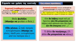 φανερώνει ευχή ή κατάρα στο παρόν ή στο μέλλον.
Μεταφράζεται «μακάρι να…». Συνήθως προηγούνται οι
λέξεις εἴθε, ὡς, εἰ γάρ (= μακάρι). Παίρνει άρνηση «μή»
Θεός φυλάξοι
(Μακάρι να φυλάει ο θεός.)
Εἴθε γένοιο, ὦ παῖ, πατρός
εὐτυχέστερος (Μακάρι να
γίνεις, παιδί μου, ευτυχέστερος
από τον πατέρα σου.)
δηλώνει το δυνατό να
πραγματοποιηθεί στο παρόν ή στο μέλλον.
Συνοδεύεται από το δυνητικό μόριο ἂν. Μεταφράζεται
με: «θα + παρατατικό» ή «θα μπορούσα να + ρήμα» ή
«θα ήταν δυνατό να + ρήμα» ή «μπορεί να + ρήμα».
Οὐκ ἄν λάβοις παρά τοῦ μή
ἔχοντος (Δεν θα μπορούσες να
πάρεις από κάποιον που δεν έχει.-
Δεν θα έπαιρνες από ...)
Τί ἄλλο ἄν ποιήσαιμι; (Τι
άλλο θα μπορούσα να κάνω;)
 