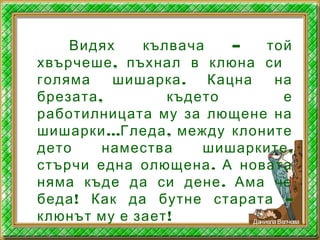 –Видях кълвача той
,хвърчеше пъхнал в клюна си
.голяма шишарка Кацна на
,брезата където е
работилницата му за лющене на
… ,шишарки Гледа между клоните
,дето намества шишарките
.стърчи една олющена А новата
.няма къде да си дене Ама че
! –беда Как да бутне старата
!клюнът му е зает ДаниелаВелчева
 