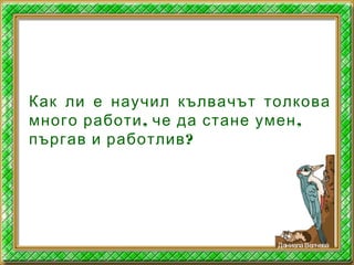 Как ли е научил кълвачът толкова
, ,много работи че да стане умен
?пъргав и работлив
ДаниелаВелчева
 