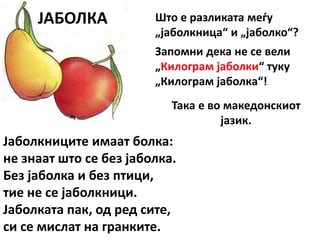 ЈАБОЛКА
Јаболкниците имаат болка:
не знаат што се без јаболка.
Без јаболка и без птици,
тие не се јаболкници.
Јаболката пак, од ред сите,
си се мислат на гранките.
Што е разликата меѓу
„јаболкница“ и „јаболко“?
Запомни дека не се вели
„Килограм јаболки“ туку
„Килограм јаболка“!
Така е во македонскиот
јазик.
 