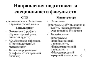 Направления подготовки и
специальности факультета
СПО
специальность «Экономика
и бухгалтерский учет»
Бакалавриат
• Экономика (профиль
«Бухгалтерский учет,
анализ и аудит»).
• Менеджмент (профиль
«Производственный
менеджмент»
• Бизнес-информатика
(профиль «Электронный
бизнес»)
Магистратура
• Экономика
(программы «Учет, анализ и
аудит», «Бухгалтерский
учет и оценка бизнеса»)
• Менеджмент
(программы
«Инновационный
менеджмент»,
«Информационный
менеджмент» и
«Международный
аграрный менеджмент»)
 
