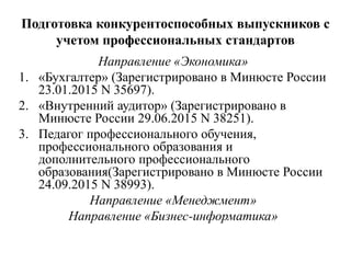 Подготовка конкурентоспособных выпускников с
учетом профессиональных стандартов
Направление «Экономика»
1. «Бухгалтер» (Зарегистрировано в Минюсте России
23.01.2015 N 35697).
2. «Внутренний аудитор» (Зарегистрировано в
Минюсте России 29.06.2015 N 38251).
3. Педагог профессионального обучения,
профессионального образования и
дополнительного профессионального
образования(Зарегистрировано в Минюсте России
24.09.2015 N 38993).
Направление «Менеджмент»
Направление «Бизнес-информатика»
 