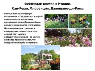 Фестивали цветов в Италии.
Сан-Ремо, Флоренция, Дженцано-ди-Рома
В конце мая во Флоренции
открывается «Сад ирисов», который
позволяет всем желающим
насладиться разнообразием форм,
расцветок и ароматов этого цветка.
Итогом фестиваля становится
присуждение главного приза за
лучший сорт ириса и
поощрительного приза– за цветок,
наиболее похожего на тот, что
изображен на гербе Флоренции.
 