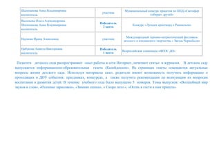 Шалопанова Анна Владимировна
воспитатель
участник
Муниципальный конкурс проектов по ППД «Светофор
собирает друзей»
Васильева Ольга Александровна
Шалопанова Анна Владимировна
воспитатель
Победитель
2 место
Конкурс «Лучших кроссворд о Раменском»
Наумова Ирина Алексеевна участник
Международный героико-патриотический фестиваль
детского и юношеского творчества « Звезда Чернобыля»
Цибукова Анжела Викторовна
воспитатель
Победитель
1 место
Всероссийская олимпиада «ФГОС ДО»
Педагоги детского сада распространяют опыт работы в сети Интернет, печатают статьи в журналах. В детском саду
выпускается информационно-образовательная газета «Калейдоскоп». На страницах газеты освещаются актуальные
вопросы жизни детского сада. Используя материалы газет, родители имеют возможность получить информацию о
проходящих в ДОУ событиях: праздниках, конкурсах, а также получить рекомендации по волнующим их вопросам
воспитания и развития детей. В течение учебного года было выпущено 5 номеров. Темы выпусков: «Волшебный мир
звуков и слов», «Осенние зарисовки», «Зимняя сказка», « Скоро лето », «Осень в гости к нам пришла»
 