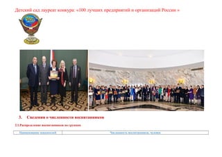 Детский сад лауреат конкура: «100 лучших предприятий и организаций России »
3. Сведения о численности воспитанников
2.1.Распределение воспитанников по группам
Наименование показателей Численность воспитанников, человек
 