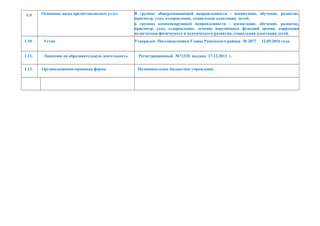 1.9. Основные виды предоставляемых услуг В группах общеразвивающей направленности – воспитание, обучение, развитие,
присмотр, уход, оздоровление, социальная адаптация детей;
в группах компенсирующей направленности - воспитание, обучение, развитие,
присмотр, уход, оздоровление, лечение нарушенных функций зрения, коррекция
недостатков физического и психического развития, социальная адаптация детей.
1.10. Устав Утвержден Постановлением Главы Раменского района № 2877 12.05.2016 года
1.11. Лицензия на образовательную деятельность Регистрационный №71328 выдана 17.12.2013 г.
1.12. Организационно-правовая форма Муниципальное бюджетное учреждение
 