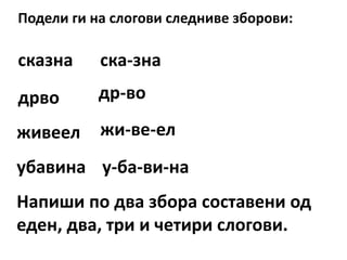 Подели ги на слогови следниве зборови:
сказна
дрво
живеел
убавина
ска-зна
др-во
жи-ве-ел
у-ба-ви-на
Напиши по два збора составени од
еден, два, три и четири слогови.
 
