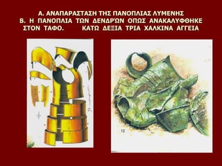 Α. ΑΝΑΠΑΡΑΣΤΑΣΗ ΤΗΣ ΠΑΝΟΠΛΙΑΣ ΛΥΜΕΝΗΣ
Β. Η ΠΑΝΟΠΛΙΑ ΤΩΝ ΔΕΝΔΡΏΝ ΟΠΩΣ ΑΝΑΚΑΛΥΦΘΗΚΕ
ΣΤΟΝ ΤΑΦΟ. ΚΑΤΩ ΔΕΞΙΑ ΤΡΙΑ ΧΑΛΚΙΝΑ ΑΓΓΕΙΑ
 