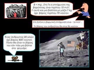 B = mg . Στη Γη η επιτάχυνση της
βαρύτητας είναι περίπου 10 m/s2
.
Γι αυτό και μια βαλίτσα με μάζα 7 kg
έχει βάρος περίπου 70 νιούτον
Ένας άνθρωπος 80 κιλών
έχει βάρος 800 νιούτον.
Πόσο θα είναι το βάρος
του εάν πάει μια βόλτα
στο φεγγάρι;
Στη Σελήνη η βαρυτική επιτάχυνση είναι 1,6 m/s2
.
Το βάρος του ανθρώπου θα είναι 96 νιούτον
 
