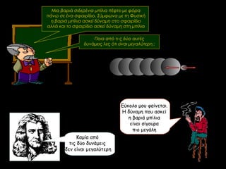 Μια βαριά σιδερένια μπίλια πέφτει με φόρα
πάνω σε ένα σφαιρίδιο. Σύμφωνα με τη Φυσική
η βαριά μπίλια ασκεί δύναμη στο σφαιρίδιο
αλλά και το σφαιρίδιο ασκεί δύναμη στη μπίλια
Ποια από τι ς δύο αυτές
δυνάμεις λες ότι είναι μεγαλύτερη ;
Εύκολο μου φαίνεται.
Η δύναμη που ασκεί
η βαριά μπίλια
είναι σίγουρα
πιο μεγάλη
Καμία από
τις δύο δυνάμεις
δεν είναι μεγαλύτερη
 