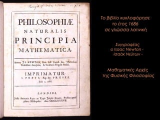 Το βιβλίο κυκλοφόρησε
το έτος 1686
σε γλώσσα λατινική
Συγγραφέας
ο Isaac Newton -
Ισαάκ Νεύτων -
Μαθηματικές Αρχές
της Φυσικής Φιλοσοφίας
 