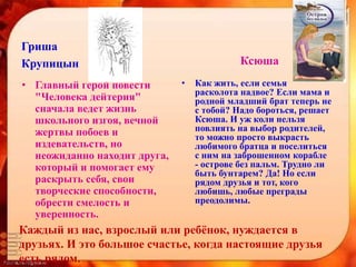 Гриша
Крупицын
• Главный герой повести
"Человека дейтерия"
сначала ведет жизнь
школьного изгоя, вечной
жертвы побоев и
издевательств, но
неожиданно находит друга,
который и помогает ему
раскрыть себя, свои
творческие способности,
обрести смелость и
уверенность.
Ксюша
• Как жить, если семья
расколота надвое? Если мама и
родной младший брат теперь не
с тобой? Надо бороться, решает
Ксюша. И уж коли нельзя
повлиять на выбор родителей,
то можно просто выкрасть
любимого братца и поселиться
с ним на заброшенном корабле
- острове без пальм. Трудно ли
быть бунтарем? Да! Но если
рядом друзья и тот, кого
любишь, любые преграды
преодолимы.
Каждый из нас, взрослый или ребёнок, нуждается в
друзьях. И это большое счастье, когда настоящие друзья
есть рядом.
 