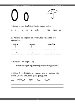 Εκπαιδευτήρια ΓΕΩΡΓΙΟΥ ΖΩΗ Α΄ Δημοτικού
16
1. Βάζω ο και διαβάζω. Τονίζω όπου πρέπει :
π__τ__ κ__τα κ__καλ__ __λα πεπ__νι
2. Χαλάω τις λέξεις σε συλλαβές και μετά σε
γράμματα :
κότα τόνοs καπέλο
___ ___ ___ ___ ___ ___ ___
__ __ __ __ __ __ __ __ __ __ __ __ __ __ __
3. Κυκλώνω τη λέξη όχι :
κσαεοτπόχιλνεμακκπόχιτατενσοόχιωυαετ
4. Βάζω Ο ο, διαβάζω τη φράση και τη γράφω μία
φορά με τα καλύτερά μου γράμματα :
__ Μάν__ς έχει τ__ τ__πι.
____________________________________________________
____________________________________________________
 