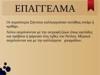 ΕΠΑΓΓΕΛΜΑ
Οι περισότεροι Σήντσου καλλιεργούσαν συνήθως σιτάρι ή
κριθάρι.
Άλλοι ασχολούνταν με την εκτροφή ζώων όπως αγελάδες
και πρόβατα ή ψάρευαν στις όχθες του Νείλου. Μερικοί
ασχολούνταν και με την καλλιέργεια χουρμάδων.
 