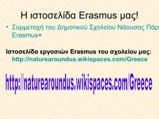 Η ιστοσελίδα Erasmus μας!
• Συμμετοχή του Δημοτικού Σχολείου Νάουσας Πάρο
Erasmus+
Ιστοσελίδα εργασιώνΙστοσελίδα εργασιών ErasmusErasmus του σχολείου μας:του σχολείου μας:
http://naturearoundus.wikispaces.com/Greece
 