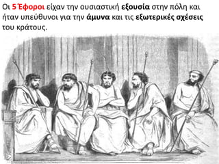 Οι 5 Ζφοροι είχαν τθν ουςιαςτικι εξουςία ςτθν πόλθ και
ιταν υπεφκυνοι για τθν άμυνα και τισ εξωτερικζσ ςχζςεισ
του κράτουσ.
 