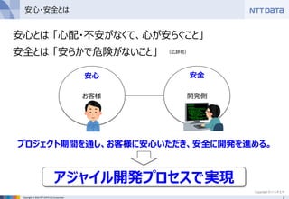 2Copyright © 2016 NTT DATA CCS Corporation
安心・安全とは
安心とは 「心配・不安がなくて、心が安らぐこと」
安全とは 「安らかで危険がないこと」
お客様 開発側
プロジェクト期間を通し、お客様に安心いただき、安全に開発を進める。
安心 安全
アジャイル開発プロセスで実現
Copyright © いらすとや
（広辞苑）
 