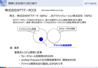 3Copyright © 2016 NTT DATA CCS Corporation
簡単に会社紹介と自己紹介
森 達彦
業務系システム開発に従事
・ ウォータフォール型開発を約20年
・ Unified Processで社内開発標準作り、開発を約3年
・ アジャイル開発を試行錯誤しながら約５年
株式会社NTTデータCCS
株主：株式会社NTTデータ（60%）、JXアイティソリューション株式会社（40%）
・NTTデータグループの総合力を活かした、様々な業界のシステム提案/開発/保守/運用
・総合エネルギー・資源・素材企業グループであるJXグループのシステム提案/開発/保守/運用
JXグループ向け事業ビジネスシステム事業X
アジャイル推進部隊
http://www.nttdata-ccs.co.jp/
 