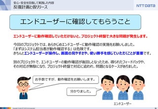 36Copyright © 2016 NTT DATA CCS Corporation
エンドユーザーに確認してもらうこと
エンドユーザーに動作確認していただけないと、プロジェクト終盤で大きな問題が発生します。
今回のプロジェクトでは、あらかじめエンドユーザーに動作確認の実施をお願いしました。
「まずはシステム担当者が動作確認する」 は危険です。
きちんとエンドユーザーが操作し、画面の見やすさや、使い勝手を感じていただくことが重要です。
別のプロジェクトで、エンドユーザーの動作確認が後回しとなったため、得られたフィードバックや、
その対応が無駄になり、プロジェクト終盤で対応に追われ、問題となるケースがありました。
お手数ですが、動作確認をお願いします。
分かりました。
安心・安全を目指して実践した内容
反復計画と仮リリース
エンドユーザー
 