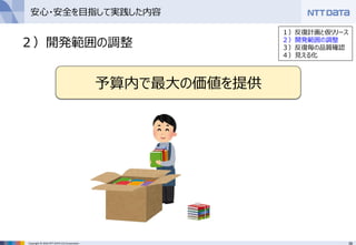38Copyright © 2016 NTT DATA CCS Corporation
２）開発範囲の調整
予算内で最大の価値を提供
安心・安全を目指して実践した内容
１）反復計画と仮リリース
２）開発範囲の調整
３）反復毎の品質確認
４）見える化
 