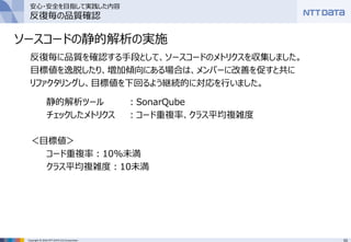 53Copyright © 2016 NTT DATA CCS Corporation
ソースコードの静的解析の実施
反復毎に品質を確認する手段として、ソースコードのメトリクスを収集しました。
目標値を逸脱したり、増加傾向にある場合は、メンバーに改善を促すと共に
リファクタリングし、目標値を下回るよう継続的に対応を行いました。
静的解析ツール ：SonarQube
チェックしたメトリクス ：コード重複率、クラス平均複雑度
＜目標値＞
コード重複率：10%未満
クラス平均複雑度：10未満
安心・安全を目指して実践した内容
反復毎の品質確認
 