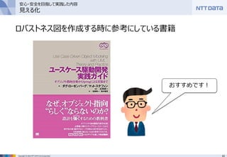 63Copyright © 2016 NTT DATA CCS Corporation
安心・安全を目指して実践した内容
見える化
ロバストネス図を作成する時に参考にしている書籍
おすすめです！
 