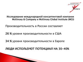 Исследование международной консалтинговой компании
McKinsey & Company и McKinsey Global Institute (MGI)
Производительность в России составляет
26 % уровня производительности в США
34 % уровня производительности в Европе
ЛЮДИ ИСПОЛЬЗУЮТ ПОТЕНЦИАЛ НА 30-40%
 