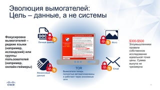 Эволюция вымогателей:
Цель – данные, а не системы
TOR
Вымогатели теперь
полностью автоматизированы
и работают через анонимные
сети
$300-$500
Злоумышленники
провели
собственное
исследование
идеальной точки
цены. Сумма
выкупа не
чрезмерна
Личные файлы
Финансовые
данные
Email
Фото
Фокусировка
вымогателей –
редкие языки
(например,
исландский) или
группы
пользователей
(например,
онлайн-геймеры)
 