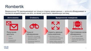 Rombertik
Вредоносное ПО эволюционирует не только в сторону кражи данных — если его обнаруживают и
пытаются воздействовать на него, он может уничтожить зараженную систему.
Уничтожение если
обнаружено
• Уничтожение MBR
• После перезагрузки
компьютер перестает
работать
Получение
доступа
• Спам
• Фишинг
• Социальный
инжиниринг
Уход от
обнаружения
• Записать случайные
данные в память 960
миллионов раз
• Засорение памяти в
песочнице
Украсть данные
пользователя
• Доставка данных
пользователя обратно
злоумышленникам
• Кража любых данных, а
не только банковских
Анти-анализ Стойкость Вредоносное поведение
 