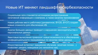 Новые ИТ меняют ландшафт кибербезопасности
Новое рабочее место работника (динамичное, BYOD, BYOT) создает
новые сложности для обеспечения ИБ
Анализ Больших данных приводит к нарушению законодательства о
персональных данных
Социальные сети становятся источником распространения
негативной информации о компании, а также каналом проникновения
Квантовые вычисления привносят новые возможности в обеспечение
конфиденциальности передаваемых по каналам связи данных
Искусственный интеллект (машинное обучение, нечеткая логика…)
позволяет увидеть невидимое (но непонятно как)
 