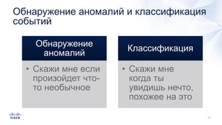 Обнаружение аномалий и классификация
событий
Обнаружение
аномалий
• Скажи мне если
произойдет что-
то необычное
Классификация
• Скажи мне
когда ты
увидишь нечто,
похожее на это
 