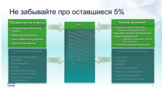 95%
Security Challenges
§ Managed/Unmanaged
Desktops
§ Spam/Malware
§ DDoS
§ Compromised Hosts
Remotely Controlled
§ Rapidly Changing
Environment
Продвинутые угрозы
§ Targeted Spear Phishing
Trojans
§ Watering Hole Attacks
§ Social Networking Attacks
§ Nation State Attacks
5%
Foundational Solutions
§ Anti-virus
§ Firewalls
§ IDS/IPS
§ IronPort WSA/ESA
§ Network Segmentation
§ Log Capture/Analysis
§ Incident Response Team
§ Expanded Data Collection
§ Netflow, IP-Attribution, DNS…
§ Big Data Analysis & Playbooks
§ Rapid Containment
§ DNS/RPZ, Quarantine, On-line
Host Forensics
§ Threat/Situational Awareness
Новые решения
Не забывайте про оставшиеся 5%
 