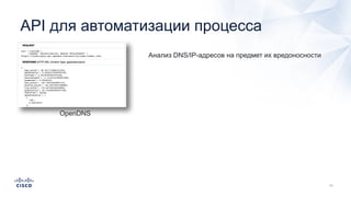 API для автоматизации процесса
OpenDNS
Анализ DNS/IP-адресов на предмет их вредоносности
 