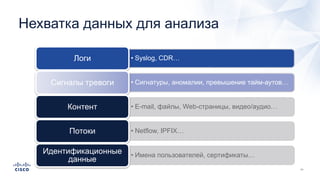 Нехватка данных для анализа
• Syslog, CDR…Логи
• Сигнатуры, аномалии, превышение тайм-аутов…Сигналы тревоги
• E-mail, файлы, Web-страницы, видео/аудио…Контент
• Netflow, IPFIX…Потоки
• Имена пользователей, сертификаты…
Идентификационные
данные
 