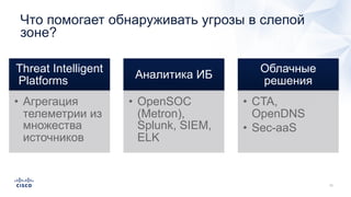 Threat Intelligent
Platforms
• Агрегация
телеметрии из
множества
источников
Аналитика ИБ
• OpenSOC
(Metron),
Splunk, SIEM,
ELK
Облачные
решения
• CTA,
OpenDNS
• Sec-aaS
Что помогает обнаруживать угрозы в слепой
зоне?
 