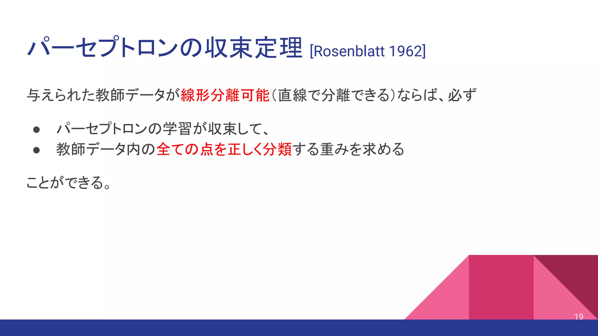 パーセプトロンの収束定理 [Rosenblatt 1962]
与えられた教師データが線形分離可能（直線で分離できる）ならば、必ず
● パーセプトロンの学習が収束して、
● 教師データ内の全ての点を正しく分類する重みを求める
ことができる。
19
 