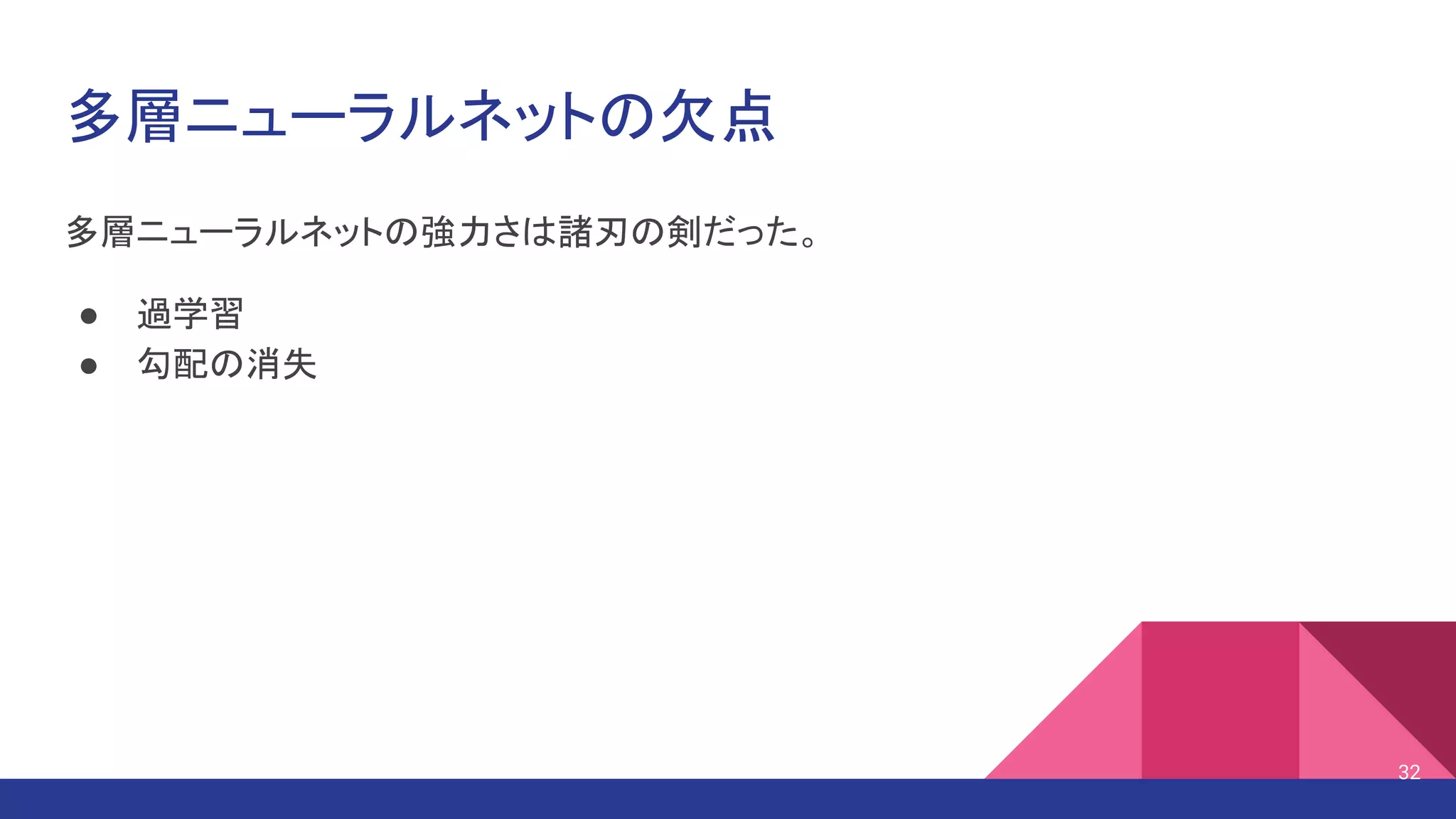 多層ニューラルネットの欠点
多層ニューラルネットの強力さは諸刃の剣だった。
● 過学習
● 勾配の消失
32
 