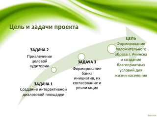 Цель и задачи проекта
ЗАДАЧА 1
Создание интерактивной
диалоговой площадки
ЗАДАЧА 2
Привлечение
целевой
аудитории
ЗАДАЧА 3
Формирование
банка
инициатив, их
согласование и
реализация
ЦЕЛЬ
Формирование
положительного
образа г. Ачинска
и создание
благоприятных
условий для
жизни населения
 