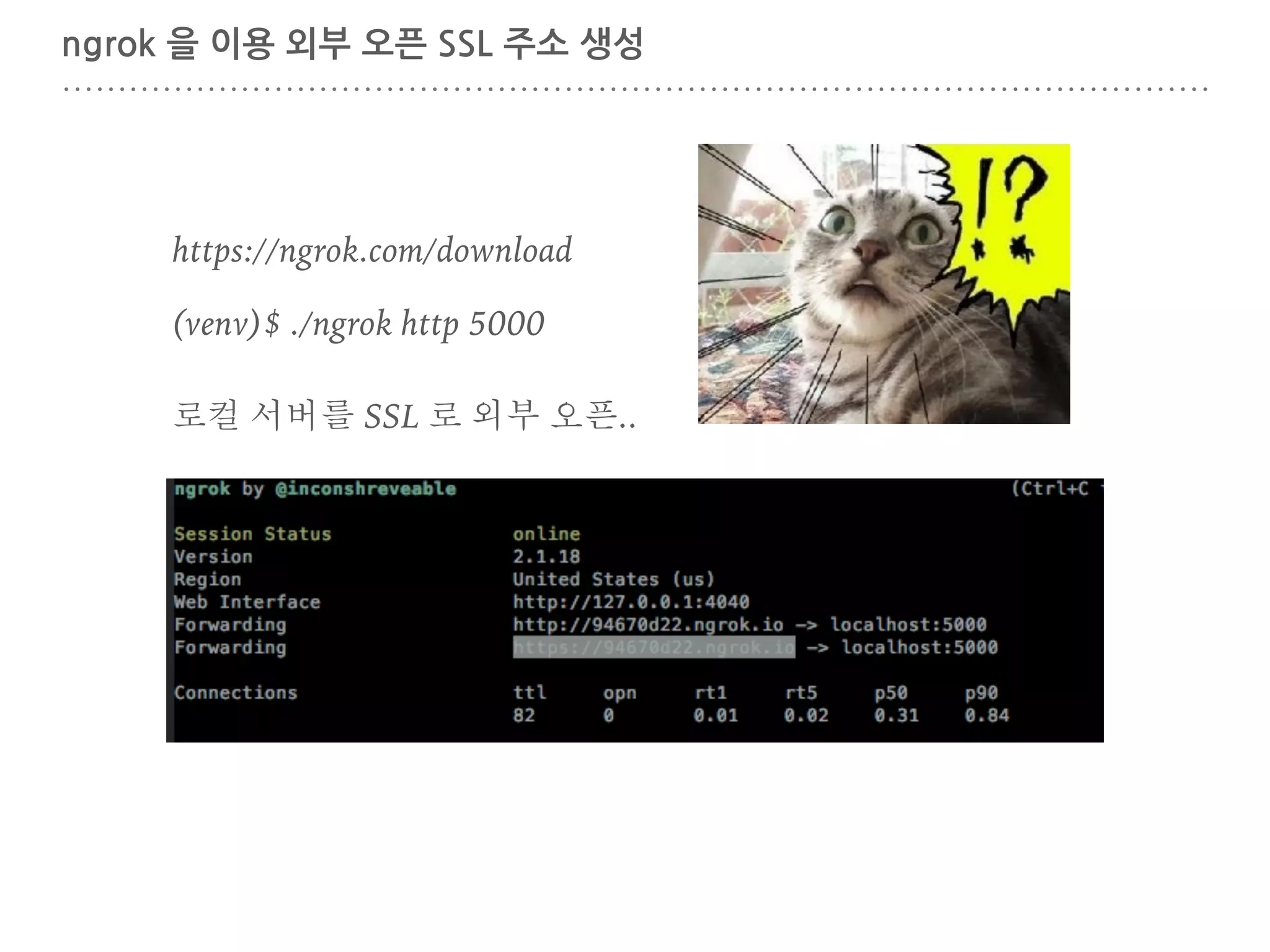 ngrok 을 이용 외부 오픈 SSL 주소 생성
https://ngrok.com/download
(venv)$ ./ngrok http 5000
로컬 서버를 SSL 로 외부 오픈..
 