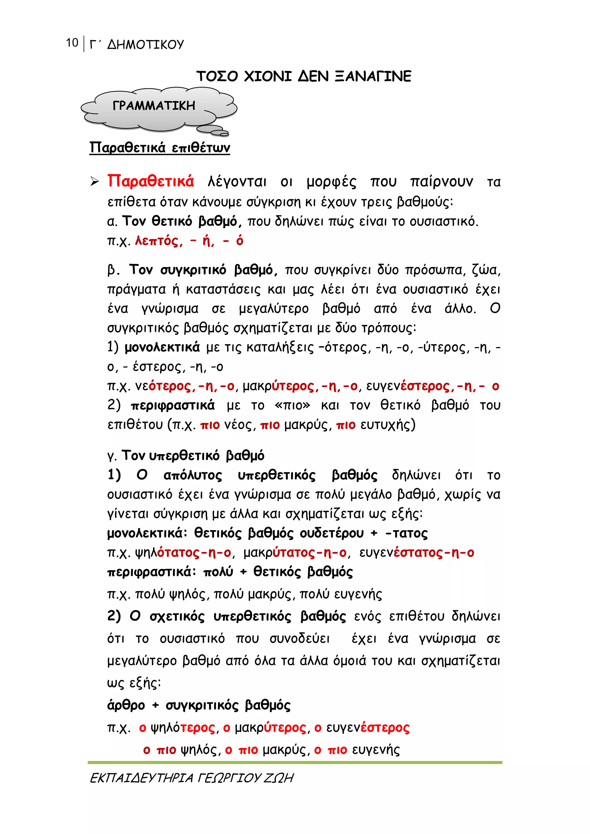 10 Γ΄ ΔΗΜΟΤΙΚΟΥ
ΕΚΠΑΙΔΕΥΤΗΡΙΑ ΓΕΩΡΓΙΟΥ ΖΩΗ
ΤΟΣΟ ΧΙΟΝΙ ΔΕΝ ΞΑΝΑΓΙΝΕ
Παραθετικά επιθέτων
 Παραθετικά λέγονται οι μορφές που παίρνουν τα
επίθετα όταν κάνουμε σύγκριση κι έχουν τρεις βαθμούς:
α. Τον θετικό βαθμό, που δηλώνει πώς είναι το ουσιαστικό.
π.χ. λεπτός, – ή, - ό
β. Τον συγκριτικό βαθμό, που συγκρίνει δύο πρόσωπα, ζώα,
πράγματα ή καταστάσεις και μας λέει ότι ένα ουσιαστικό έχει
ένα γνώρισμα σε μεγαλύτερο βαθμό από ένα άλλο. Ο
συγκριτικός βαθμός σχηματίζεται με δύο τρόπους:
1) μονολεκτικά με τις καταλήξεις –ότερος, -η, -ο, -ύτερος, -η, -
ο, - έστερος, -η, -ο
π.χ. νεότερος,-η,-ο, μακρύτερος,-η,-ο, ευγενέστερος,-η,- ο
2) περιφραστικά με το «πιο» και τον θετικό βαθμό του
επιθέτου (π.χ. πιο νέος, πιο μακρύς, πιο ευτυχής)
γ. Τον υπερθετικό βαθμό
1) Ο απόλυτος υπερθετικός βαθμός δηλώνει ότι το
ουσιαστικό έχει ένα γνώρισμα σε πολύ μεγάλο βαθμό, χωρίς να
γίνεται σύγκριση με άλλα και σχηματίζεται ως εξής:
μονολεκτικά: θετικός βαθμός ουδετέρου + -τατος
π.χ. ψηλότατος-η-ο, μακρύτατος-η-ο, ευγενέστατος-η-ο
περιφραστικά: πολύ + θετικός βαθμός
π.χ. πολύ ψηλός, πολύ μακρύς, πολύ ευγενής
2) Ο σχετικός υπερθετικός βαθμός ενός επιθέτου δηλώνει
ότι το ουσιαστικό που συνοδεύει έχει ένα γνώρισμα σε
μεγαλύτερο βαθμό από όλα τα άλλα όμοιά του και σχηματίζεται
ως εξής:
άρθρο + συγκριτικός βαθμός
π.χ. ο ψηλότερος, ο μακρύτερος, ο ευγενέστερος
ο πιο ψηλός, ο πιο μακρύς, ο πιο ευγενής
ΓΡΑΜΜΑΤΙΚΗ
 