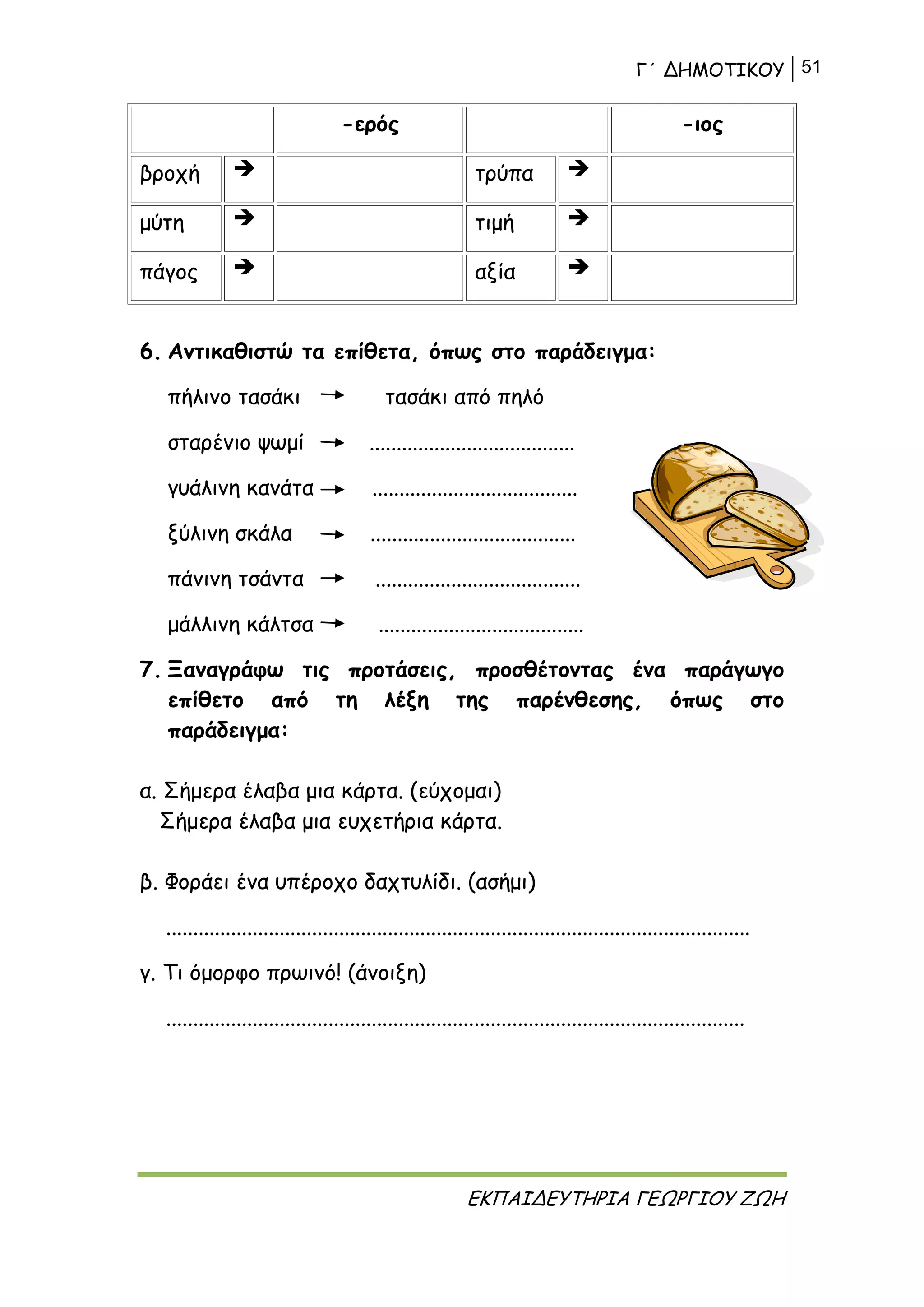 Γ΄ ΔΗΜΟΤΙΚΟΥ 51
ΕΚΠΑΙΔΕΥΤΗΡΙΑ ΓΕΩΡΓΙΟΥ ΖΩΗ
-ερός -ιος
βροχή  τρύπα 
μύτη  τιμή 
πάγος  αξία 
6. Αντικαθιστώ τα επίθετα, όπως στο παράδειγμα:
πήλινο τασάκι τασάκι από πηλό
σταρένιο ψωμί ......................................
γυάλινη κανάτα ......................................
ξύλινη σκάλα ......................................
πάνινη τσάντα ......................................
μάλλινη κάλτσα ......................................
7. Ξαναγράφω τις προτάσεις, προσθέτοντας ένα παράγωγο
επίθετο από τη λέξη της παρένθεσης, όπως στο
παράδειγμα:
α. Σήμερα έλαβα μια κάρτα. (εύχομαι)
Σήμερα έλαβα μια ευχετήρια κάρτα.
β. Φοράει ένα υπέροχο δαχτυλίδι. (ασήμι)
............................................................................................................
γ. Τι όμορφο πρωινό! (άνοιξη)
...........................................................................................................
 