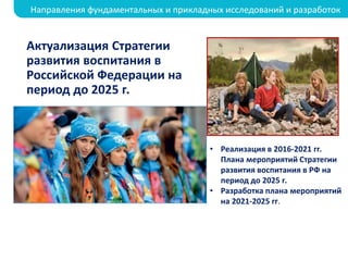 Актуализация Стратегии
развития воспитания в
Российской Федерации на
период до 2025 г.
• Реализация в 2016-2021 гг.
Плана мероприятий Стратегии
развития воспитания в РФ на
период до 2025 г.
• Разработка плана мероприятий
на 2021-2025 гг.
Направления фундаментальных и прикладных исследований и разработок
 